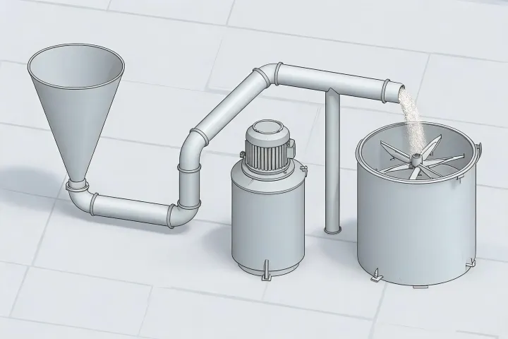 Schematic plant layout with powder hopper, conveying pipeline, receiver filter and discharge, not a published street map