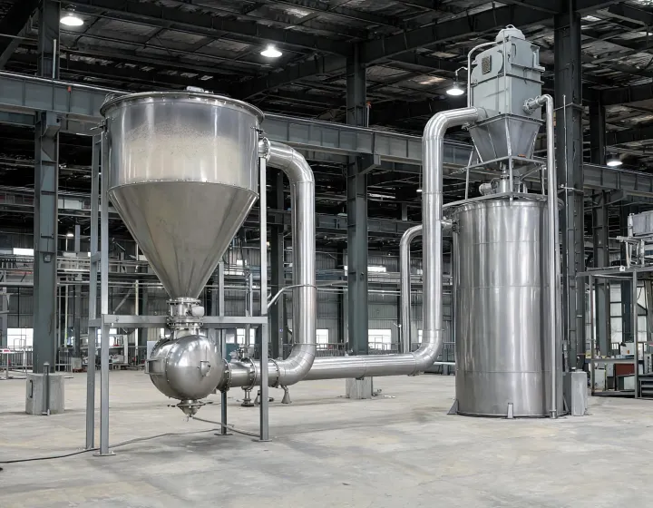 Plant pneumatic conveying line with blowpot, pipeline bends and receiver filter discharging into a hopper